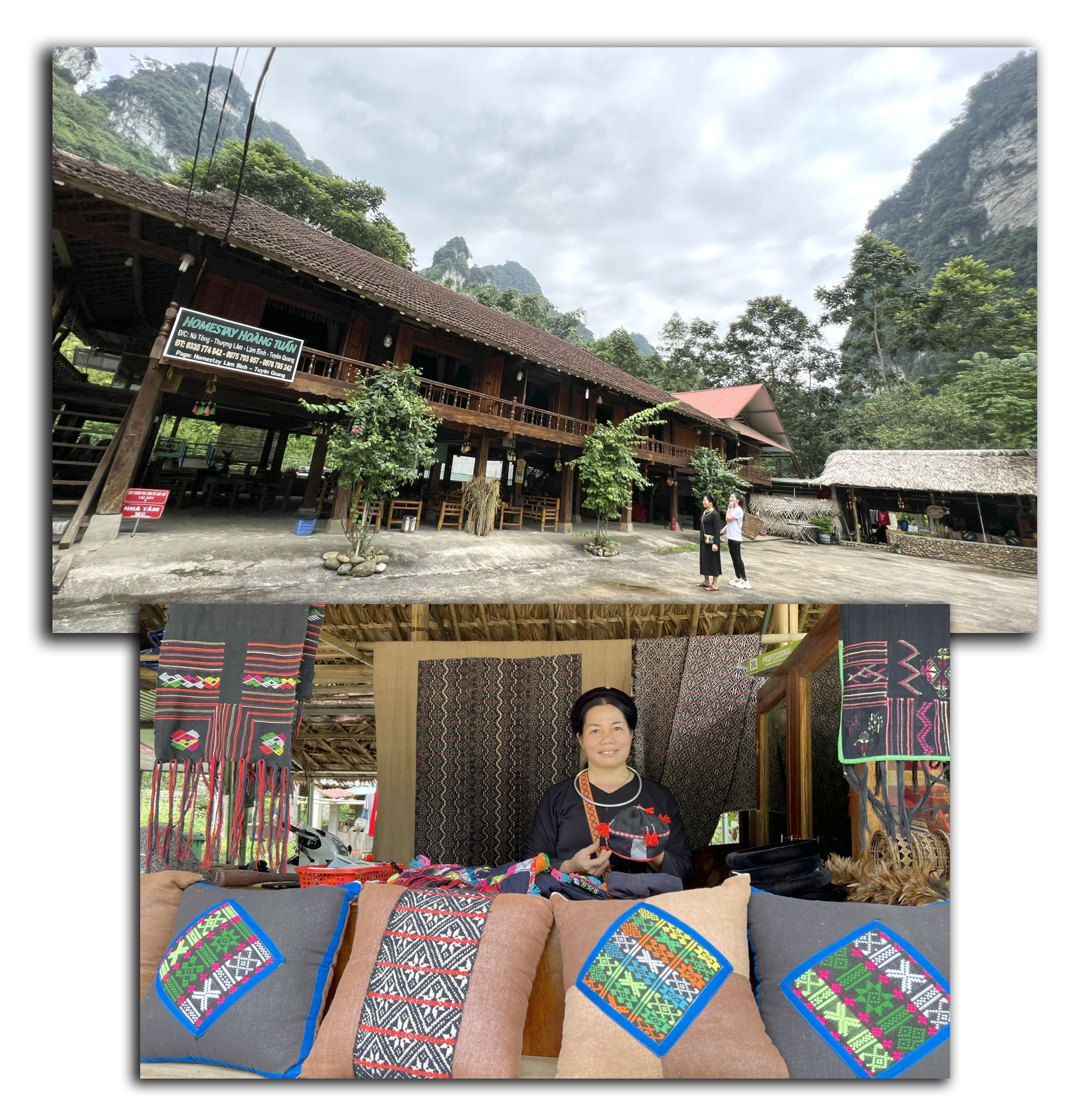 Ngôi nhà sàn truyền thống và Gian hàng bán đồ lưu niệm của chị Triệu Thị Xướng, thôn Nà Tông, xã Thượng Lâm (Lâm Bình).